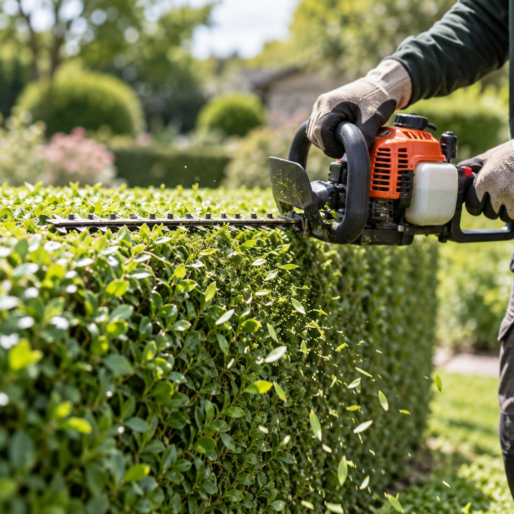 Gardener trimming a neat privet hedge with power hedge trimmers