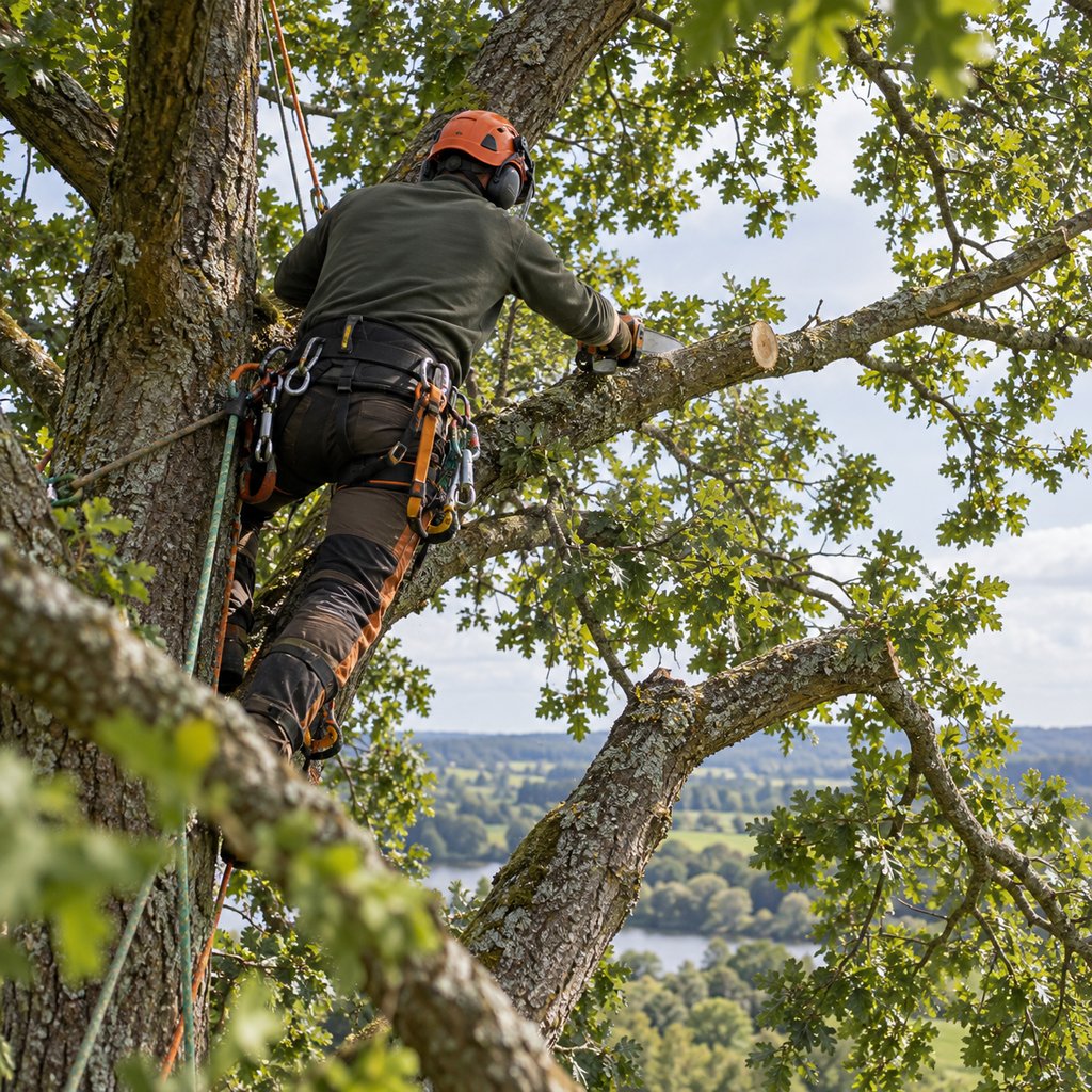 Arborist working in the canopy of a mature tree performing crown reduction